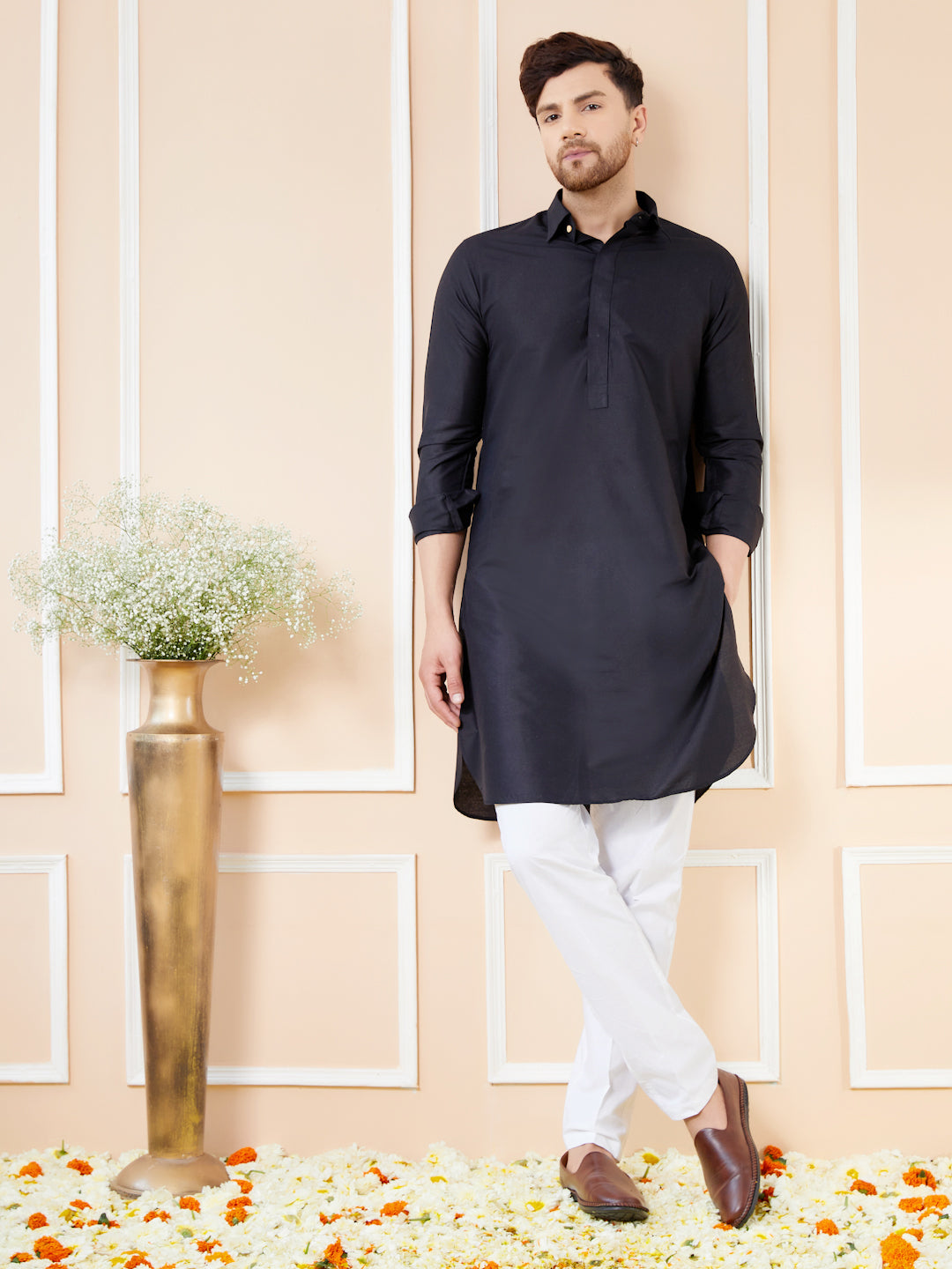 Men Black Cotton Solid Pathani Kurta with Pyjama