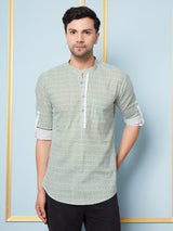 Men Green & White Printed Cotton Short Kurta