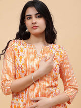 Women Coral And White Color Printed Yoke Design Cotton Kurti