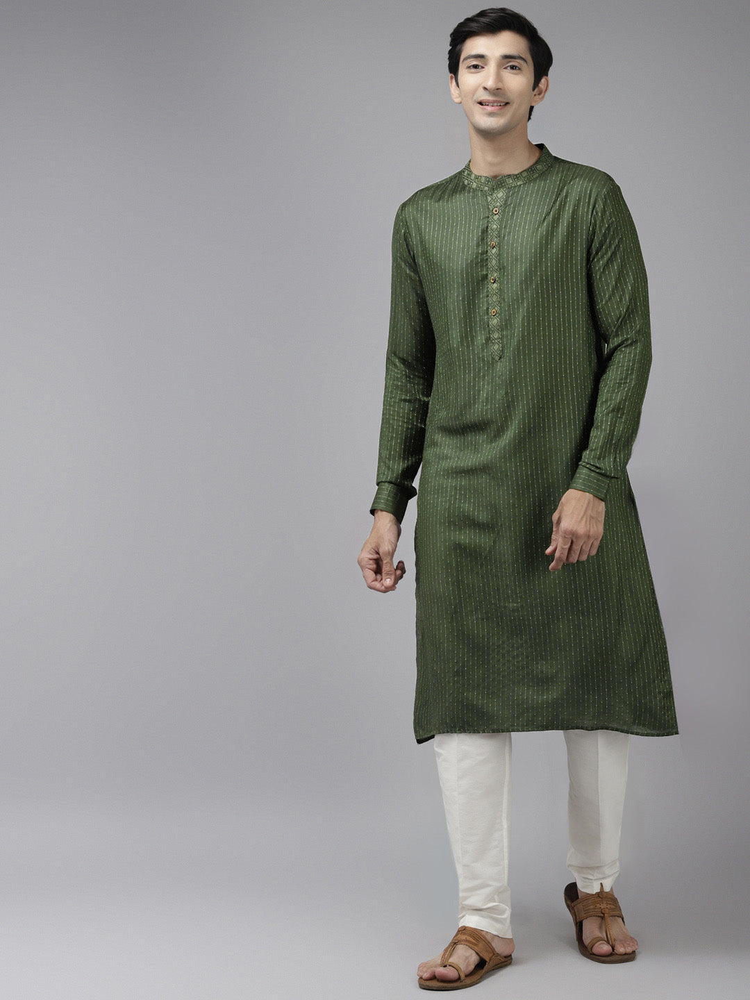 Men Green & Beige Toned Woven Design Thread Work Kurta