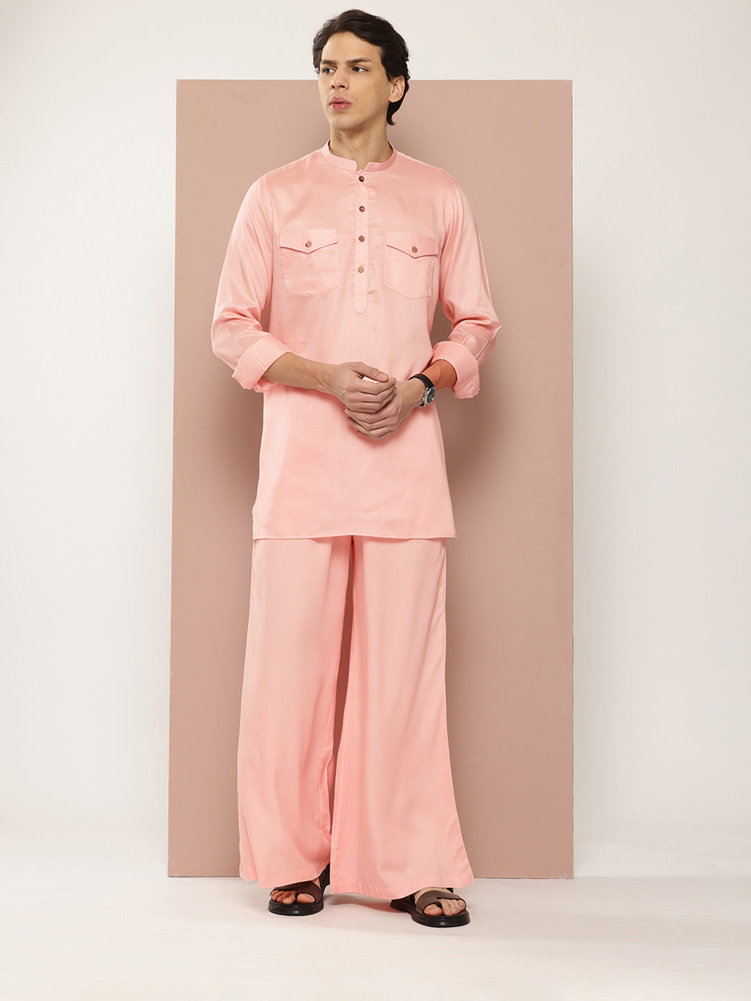 Men Pink Rayon Solid Pathani Sets