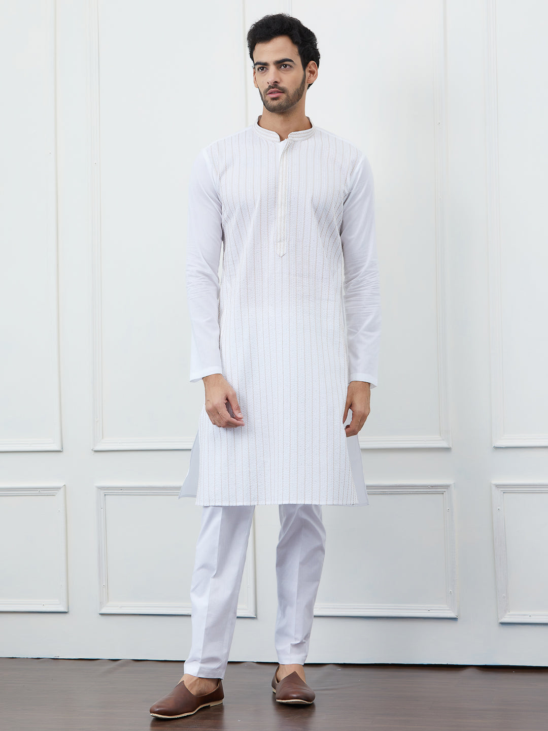 Men White with Golden Striped Kurta and Pajama