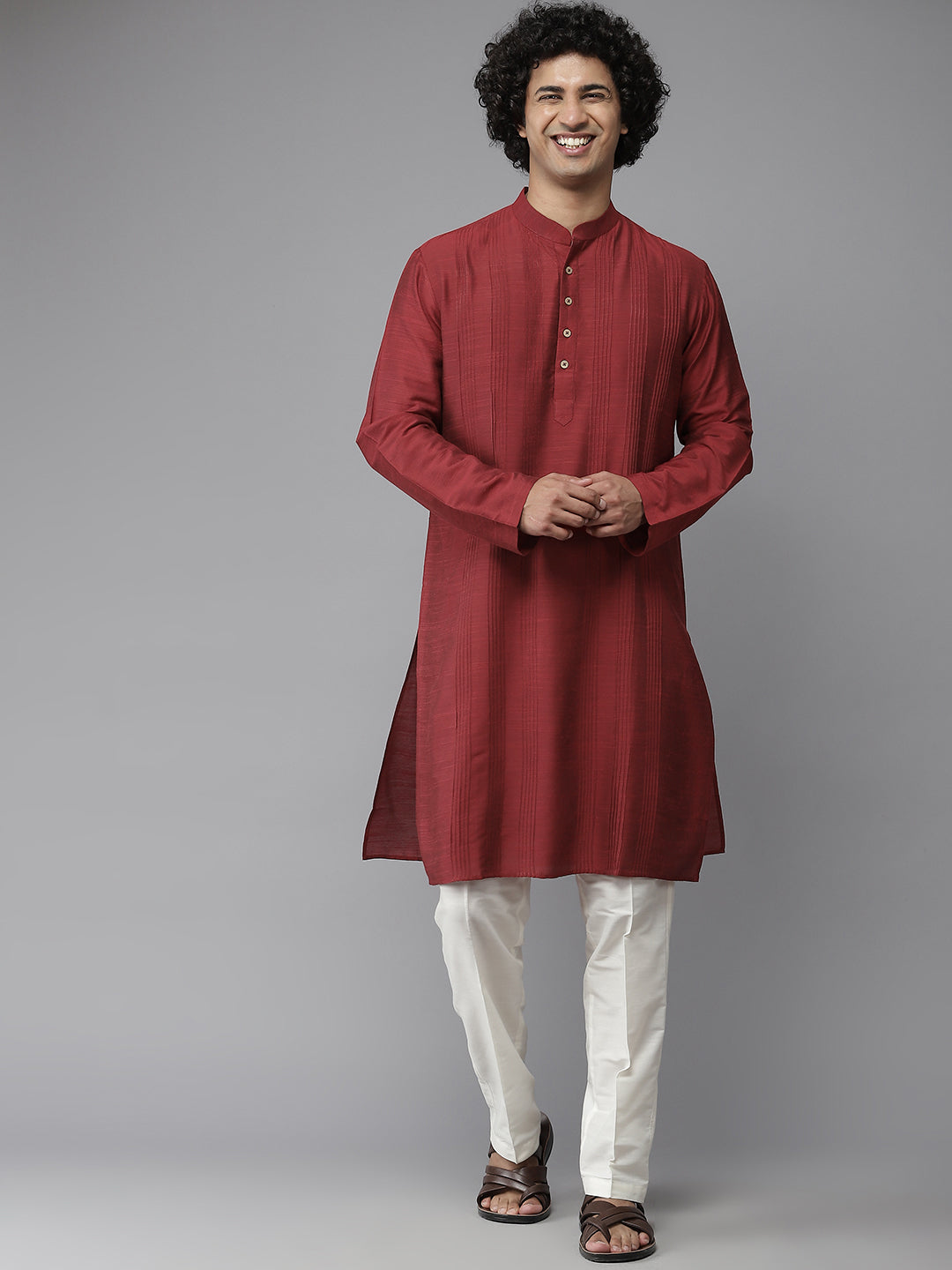 Men Regal Crimson Cotton Silk Straight Kurta With Pajama