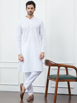 Men White Kurta with Pastel Blue and Pink Stripes and Pajama