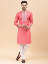 Riwaat.com Men Pink & White Coloured Silk Woven Design Straight Kurta Riwaat Silk Woven Design