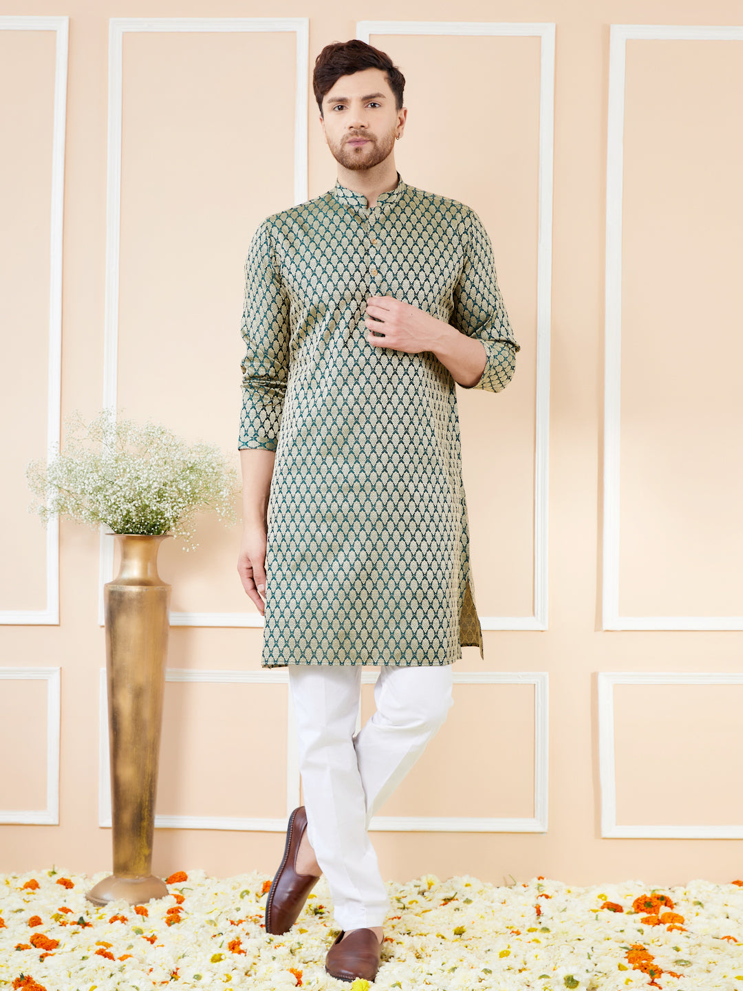 Green Ethnic Motifs Silk Jacquard Woven Design Straight Kurta