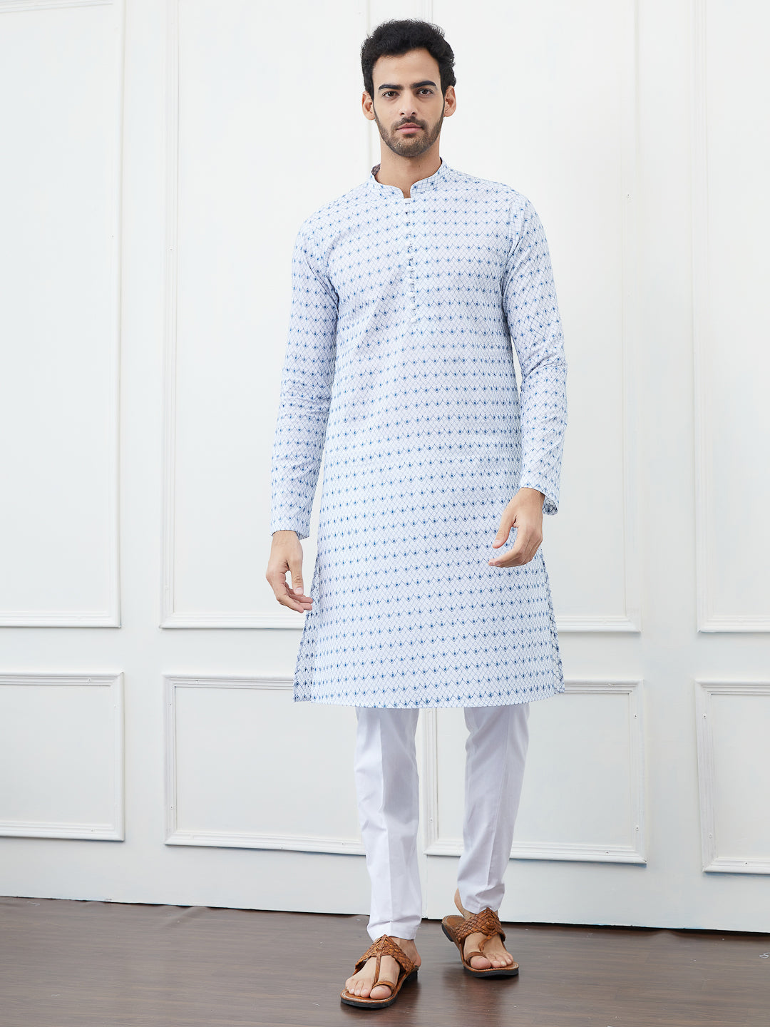 Men White And Blue Chikankari Embroidered Cotton Kurta