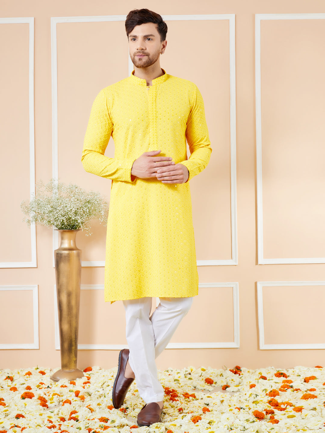 Men Yellow Floral Embroidered Sequins Rayon Kurta Set