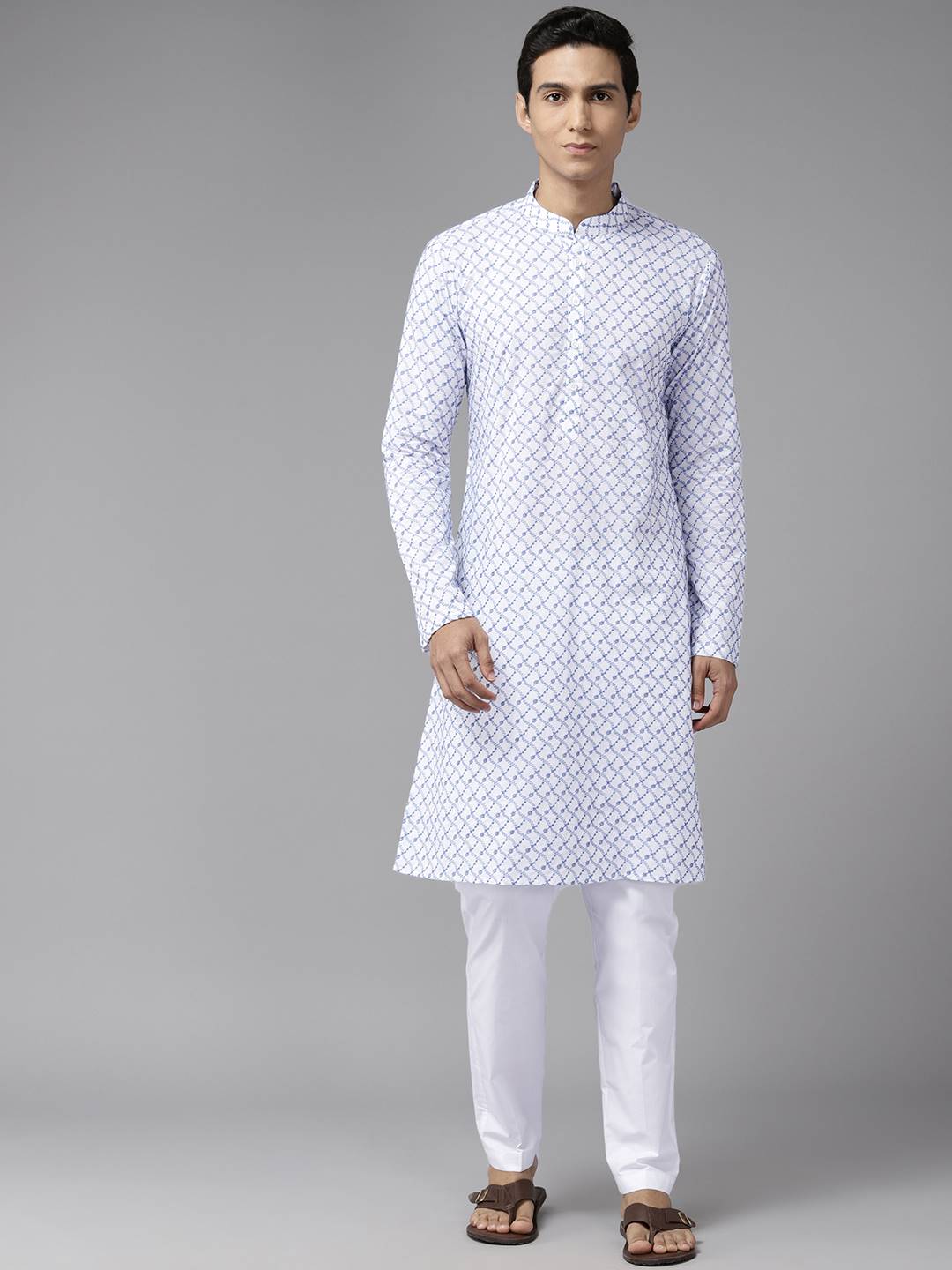 Men White with Blue Lattice Pattern Pure Cotton Embroidered Straight Kurta With Pajama