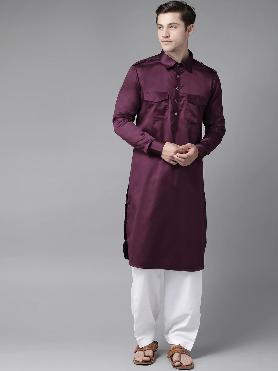 Riwaat.com Men Wine Pathani Kurta with Salwar Riwaat Pathani Plain