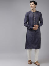 Men Blue & Beige Wave Woven Design Thread Work Kurta