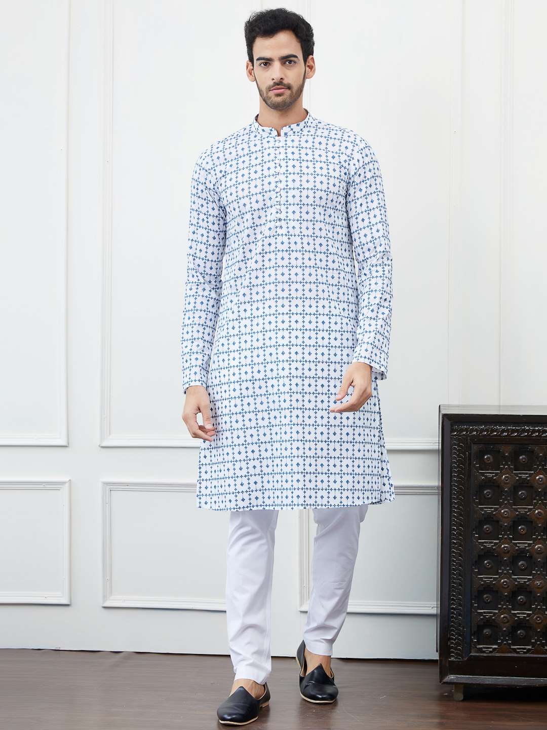 Men White with Blue Geometric Pattern Chikankari Embroidered Cotton Kurta Set