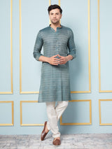 Men Green & Gold Woven Design Thread Work Kurta With pyjama