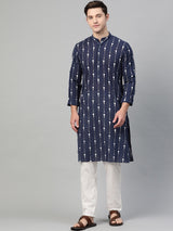 Riwaat.com Men Navy Blue & White Printed Straight Kurta With Pajama Riwaat Printed