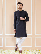 Men Black Cotton Solid Straight Kurta With Pyjama