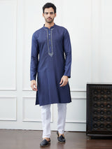 Riwaat.com Men Blue Solid Cotton Silk Kurta Riwaat Embroidered