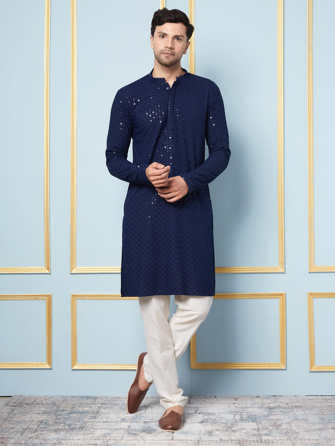 Men Navy Blue Floral Embroidered Sequined Rayon Kurta & White Pajama