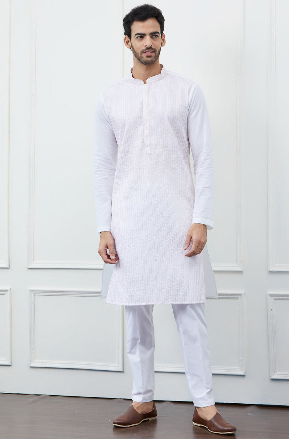 Men White & Pink Thread Work Kurta