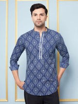 Men Blue & White Azure Wave Printed Cotton Short Kurta