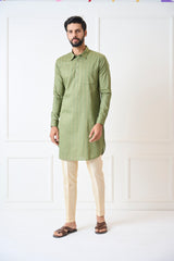 Riwaat.com Men Olive Green Regular Pure Cotton Pathani Kurta Riwaat Floral Mehendi Pathani