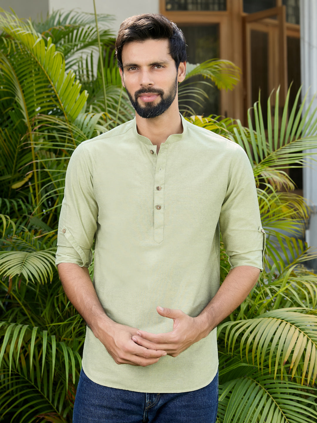 Men Pack Of 2 Turquoise Blue & Olive Cotton Solid Short Kurta