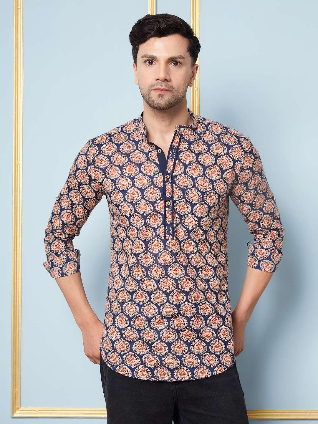 Men Blue & Off White Printed Cotton Short Kurta