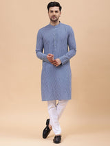 Men Blue & Grey Pure Cotton Printed Straight Kurta With pyjama