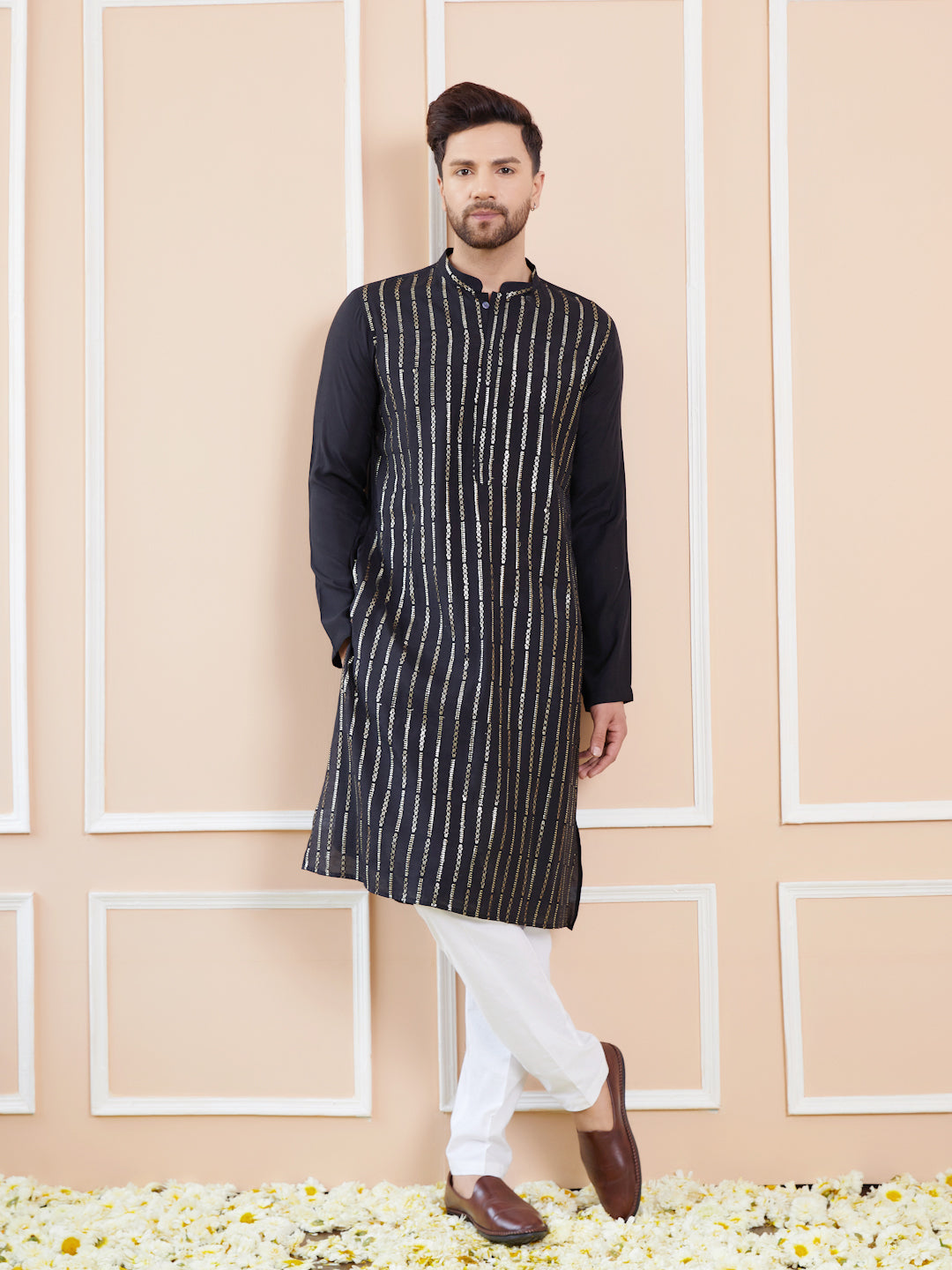 Men Midnight Stripes Chanderi Silk Sequins Kurta