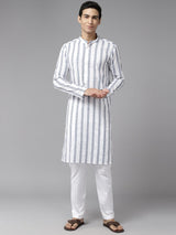 Men White with Navy Blue Vertical Pattern Pure Cotton Embroidered Straight Kurta With Pajama