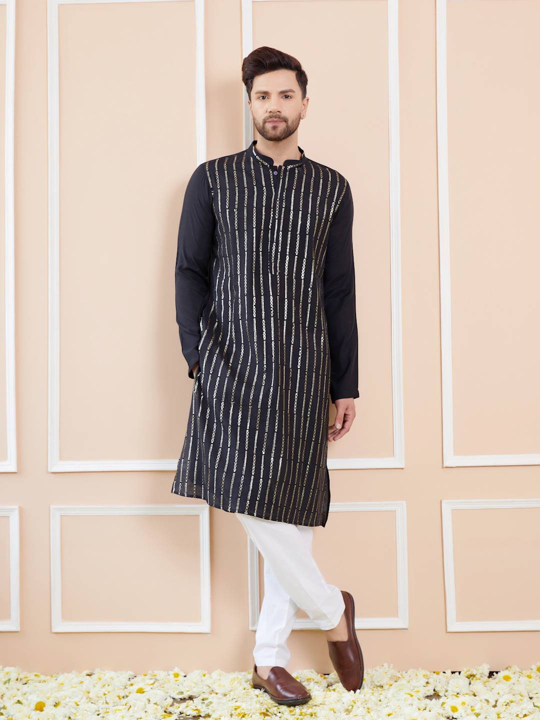 Men Deep Black with Gold Accents Chanderi Silk Sequins Kurta With Pajama