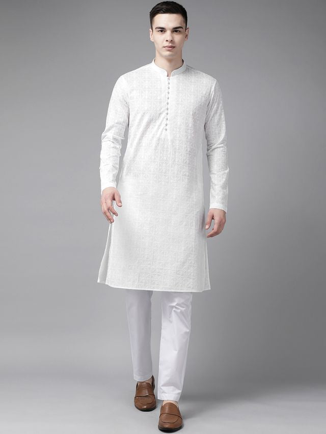 Men White Pure Cotton Chikankari Embroidered Straight Kurta With Pyjama