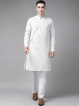 Men White Pure Cotton Chikankari Embroidered Straight Kurta With Pyjama