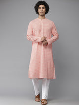 Men Coral Pink & White Printed Pure Cotton Straight Kurta With Pajama