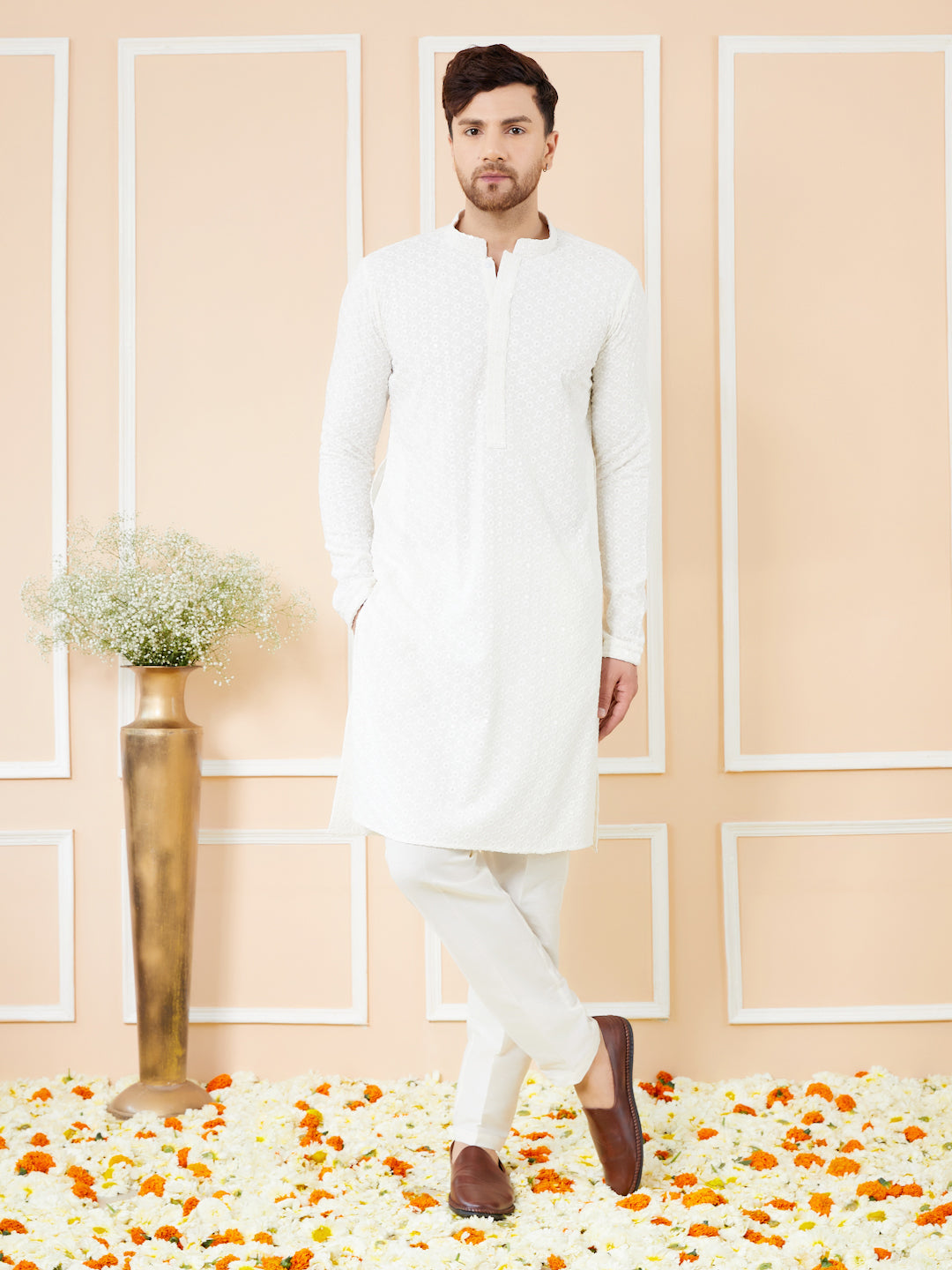Men White Embroidered Sequins Rayon Kurta Set