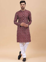 Men Maroon & White Pure Cotton Printed Straight Kurta