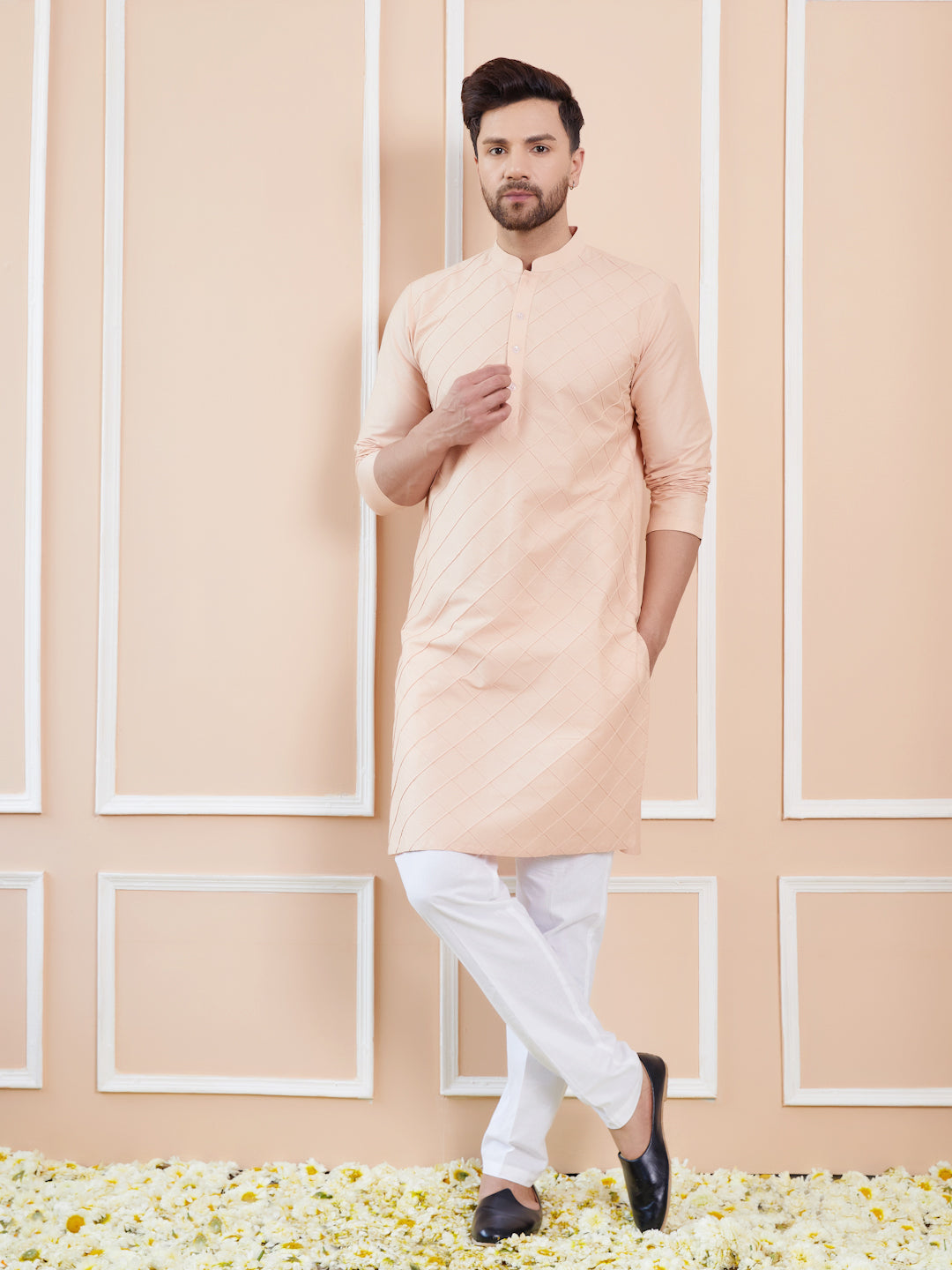 Men Peach Cotton Silk Pintex Design Thread Work Kurta