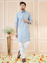 Men Blue Cotton Solid Pathani Kurta