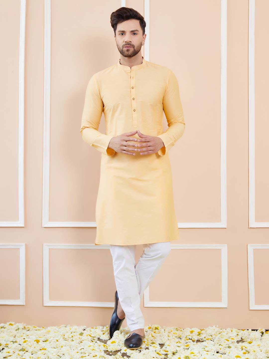 Men Soft Yellow Cotton Solid Straight Kurta With Pajama