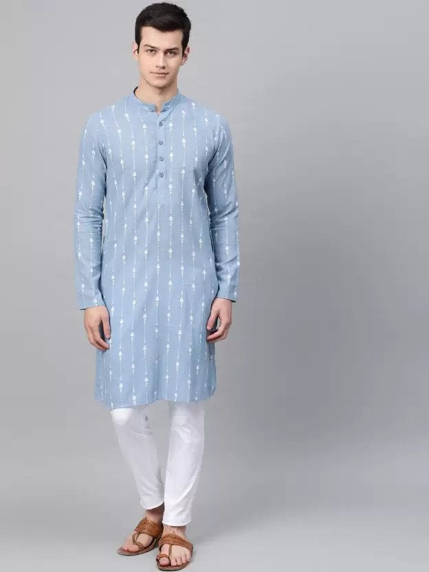 Men Blue & White Printed Straight Kurta