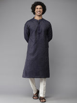 Men Deep Navy Blue with Golden Stripes Woven Design Kurta With Pajama