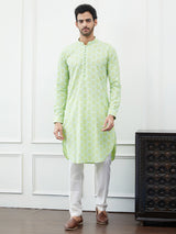 Men Green And White Embroidered Cotton Kurta