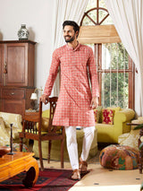 Men Pink And White Cotton Leaf Print Straight Kurta With Pajama