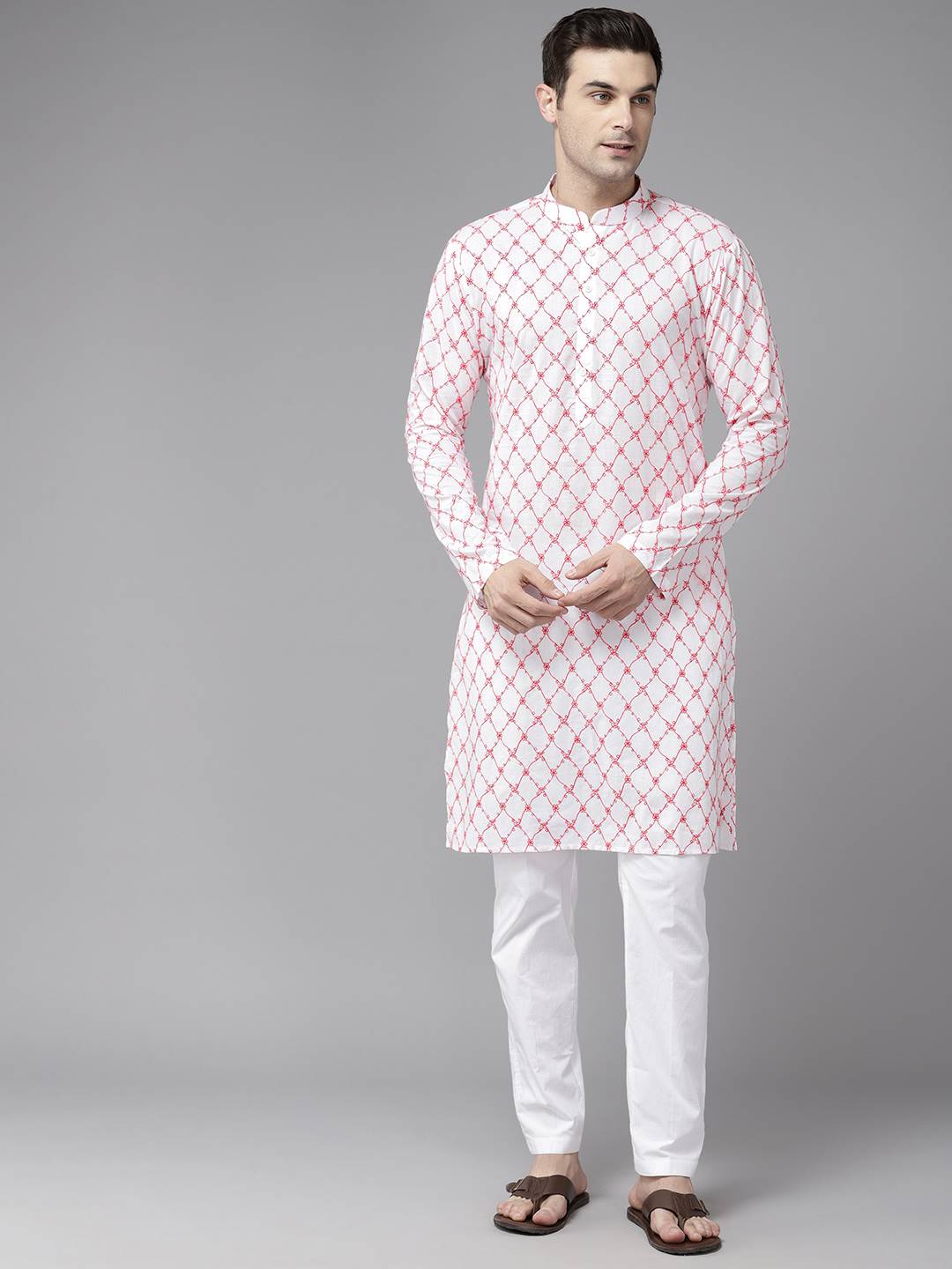 Men White & Orange Pure Cotton Embroidered Straight Kurta With Pajama