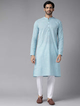 Men Blue & White-Coloured Printed Pure Cotton Straight Kurta