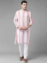 Men White & Pink Bliss Pure Cotton Printed Straight Kurta With Pajama