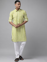 Men Lime Green Regular Pure Cotton Pathani Printed Men's Kurta With White Salwar