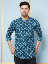 Men Teal Printed Cotton Short Kurta