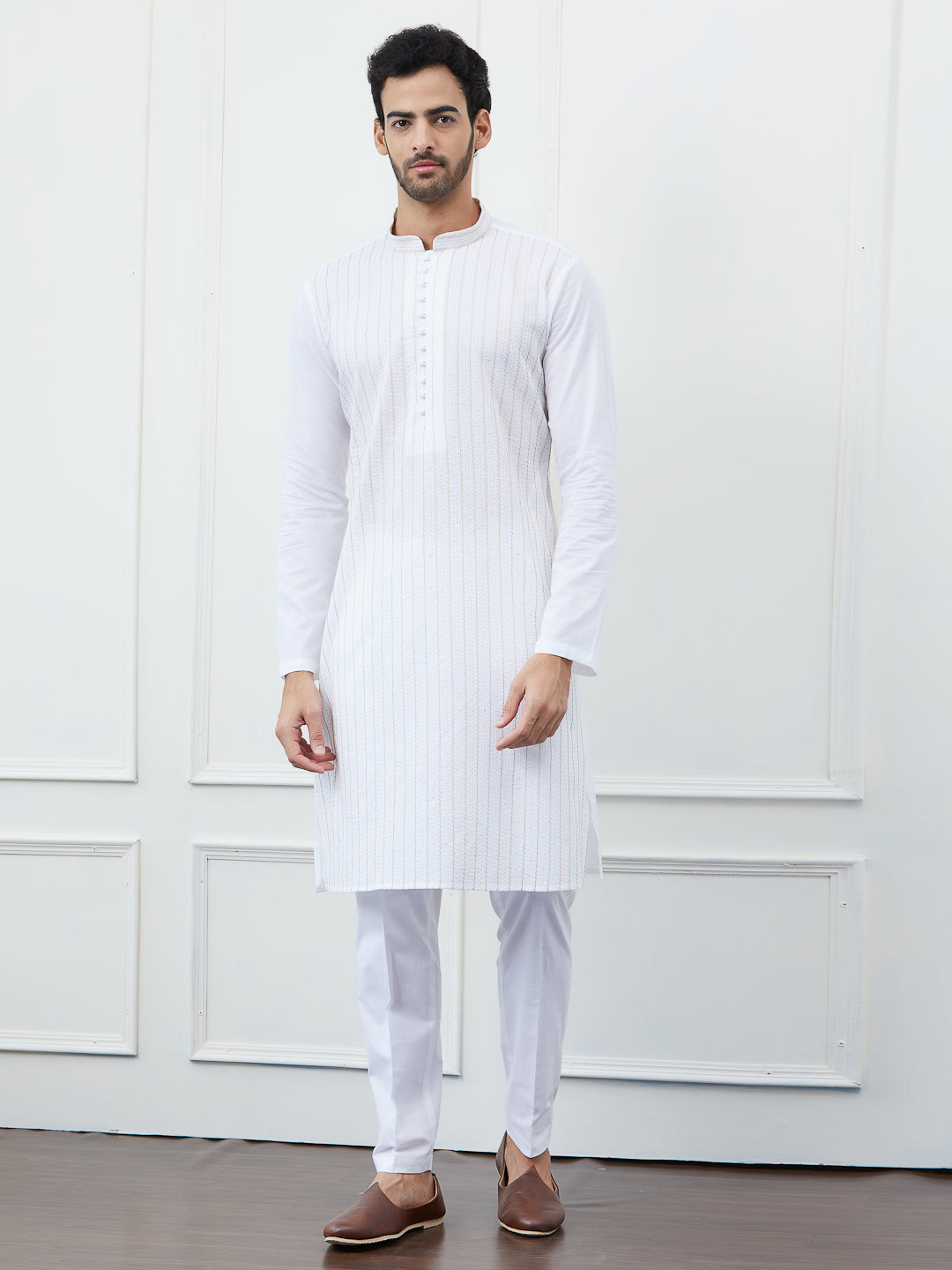 Men White Cotton Gold Thread Work & Sequinses Kurta With Pyjama