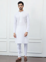 Men White Cotton Gold Thread Work & Sequinses Kurta With Pyjama