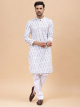 Men White & Grey Pure Cotton Printed Straight Kurta With pyjama
